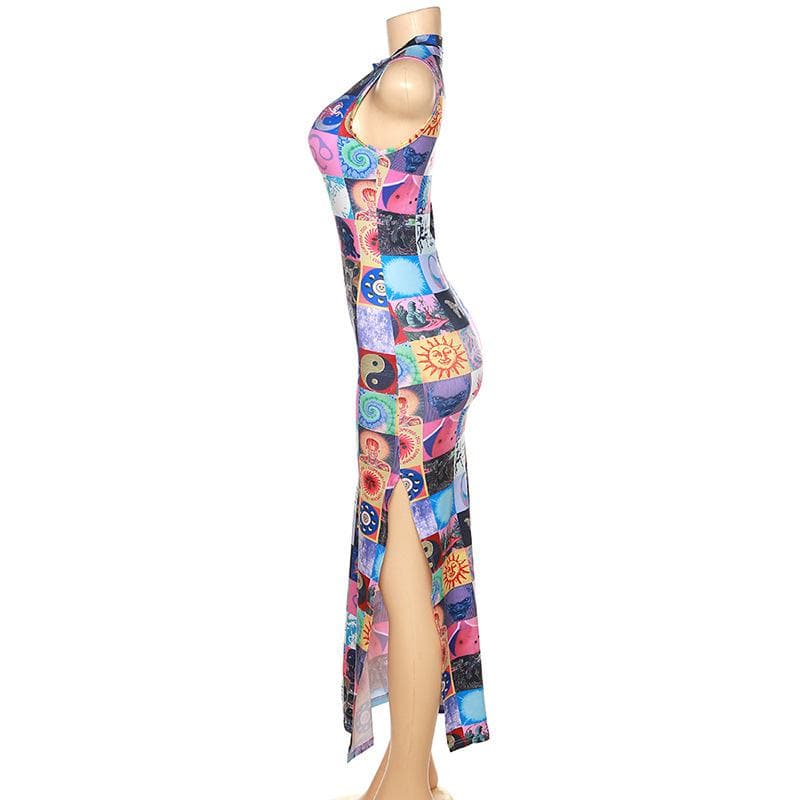 Sleeveless Mock Neck Patchwork Graphic Print Bodycon Maxi Dress