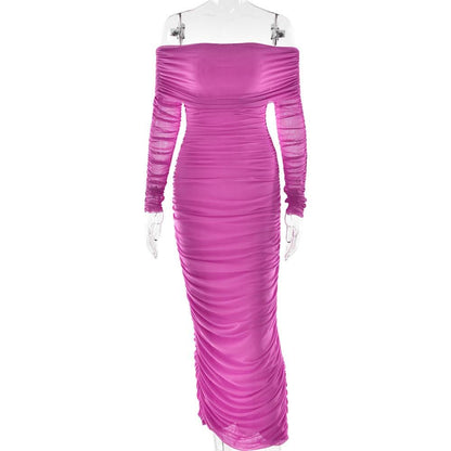 Off shoulder long sleeve slit mesh ruched maxi dress