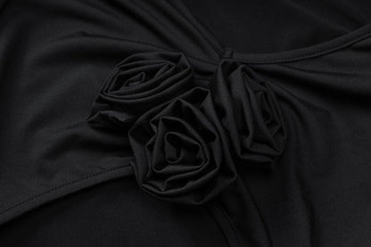 Long sleeve padded ruched flower applique hollow out cut out midi dress