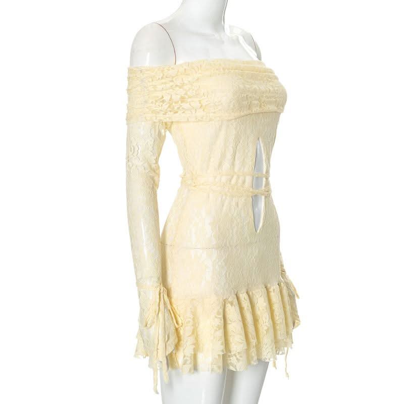 Long sleeve off shoulder lace self tie hollow out cut out mini dress