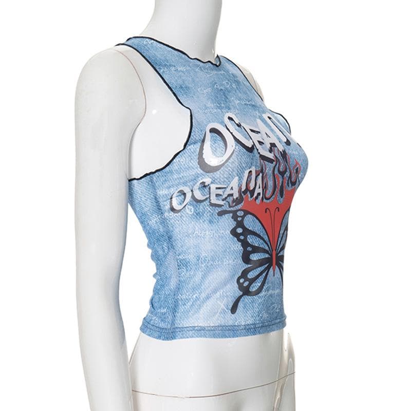 Ruffle butterfly print sheer mesh tank top