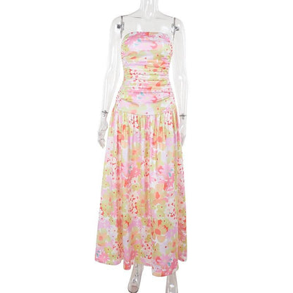 Ruched flower print backless tube maxi dress