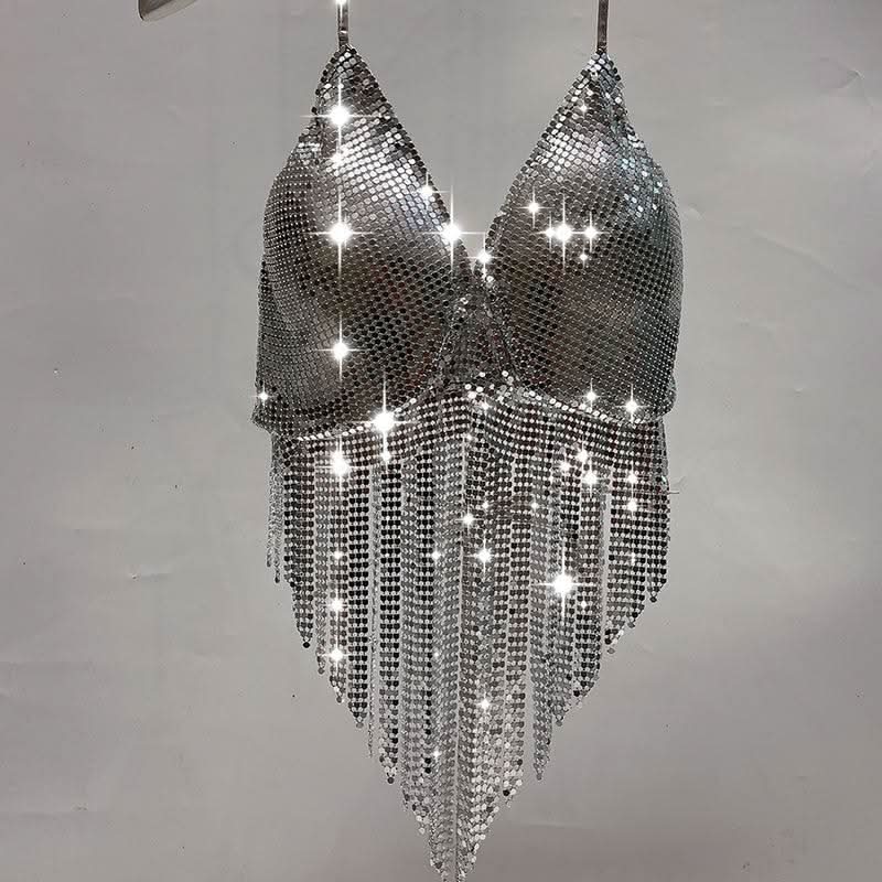 V neck halter self tie tassels glitter top
