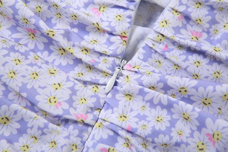 Flower print contrast ruched ruffle halter backless zip-up mini dress-final-sale