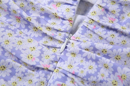 Flower print contrast ruched ruffle halter backless zip-up mini dress-final-sale