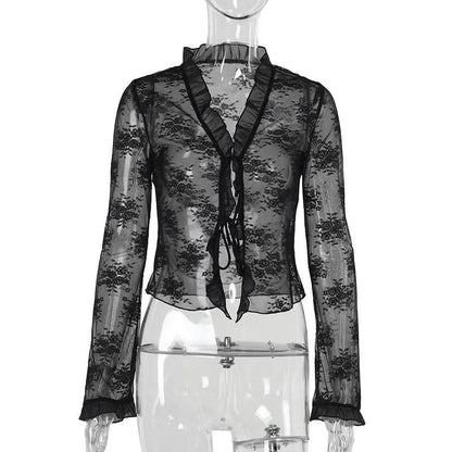 Long sleeve v neck lace self tie top