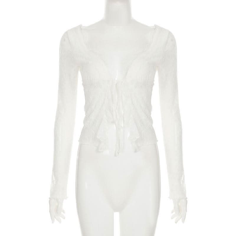 Long sleeve lace ruffle irregular self tie top