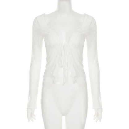 Long sleeve lace ruffle irregular self tie top
