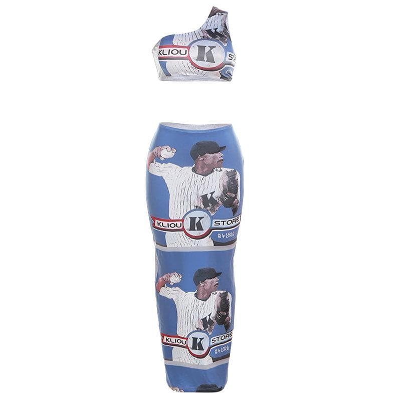 One shoulder irregular sleeveless contrast print slit maxi skirt set-final-sale