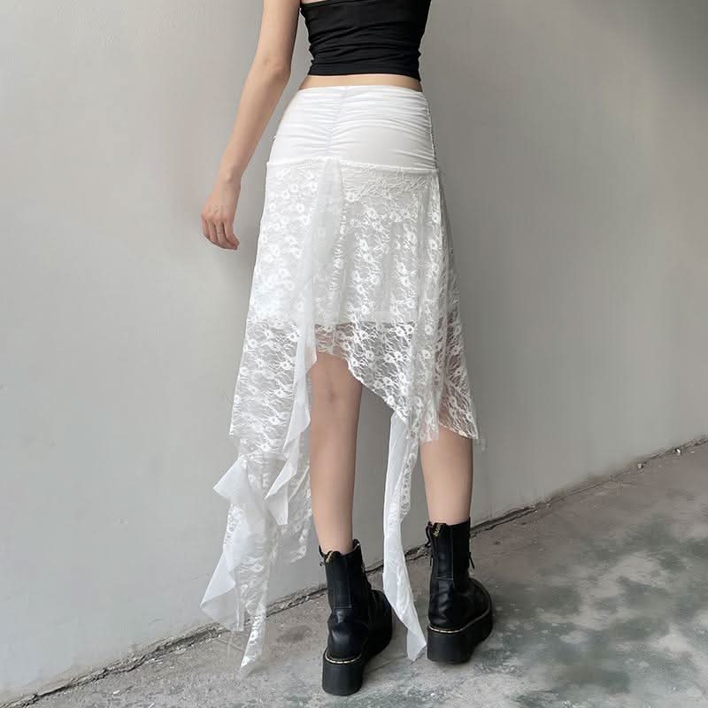 Irregular bowknot ribbon ruched lace solid midi skirt