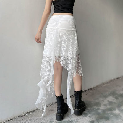 Irregular bowknot ribbon ruched lace solid midi skirt