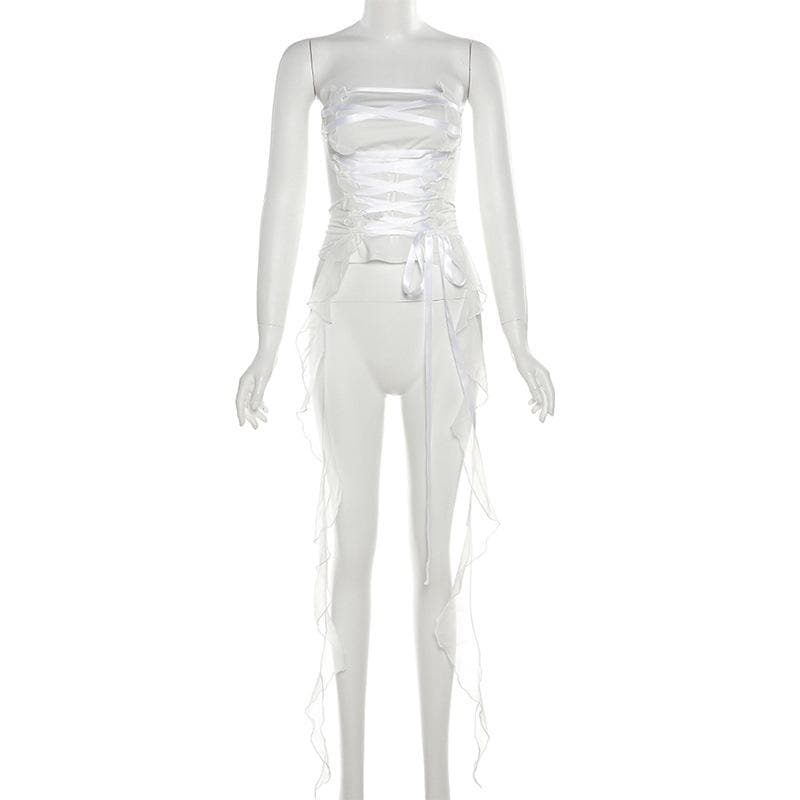 Ruffle lace up self tie backless ribbon tube crop top