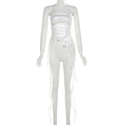 Ruffle lace up self tie backless ribbon tube crop top