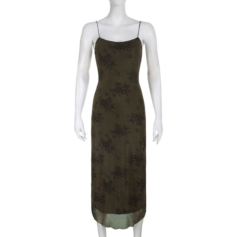 Flower print mesh zip-up cami maxi dress