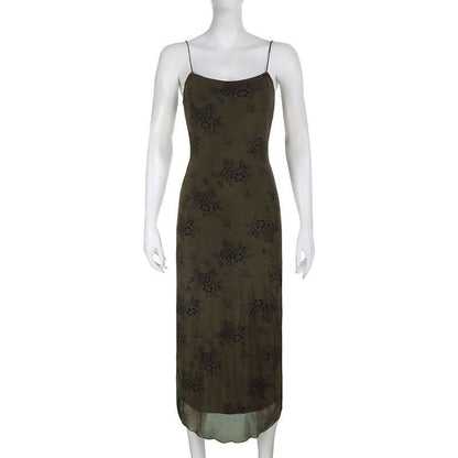 Flower print mesh zip-up cami maxi dress