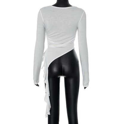 Long sleeve ruched irregular ruffle crewneck top