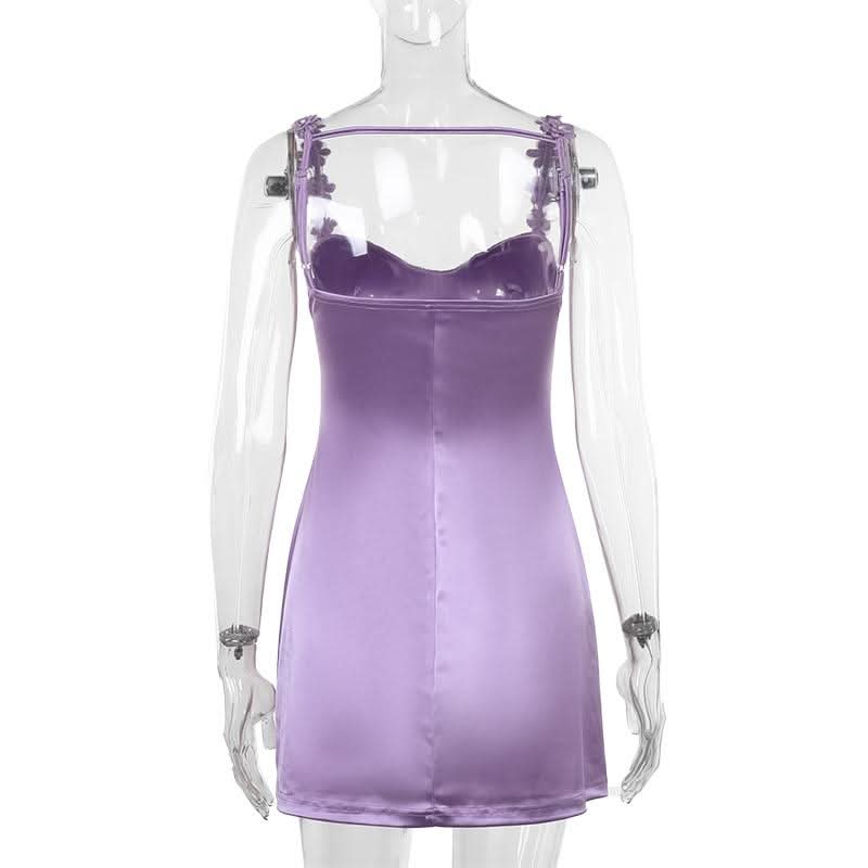 V neck flower applique ruched cami mini dress