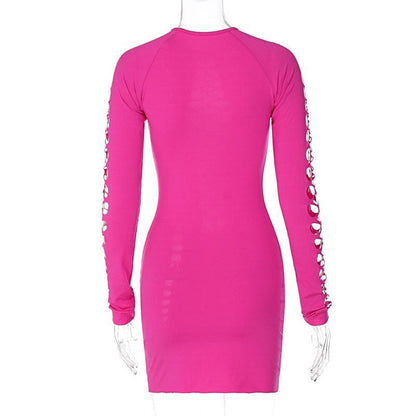 Crew Neck Long Sleeve Hollow-Out Cutout Bodycon Mini Dress