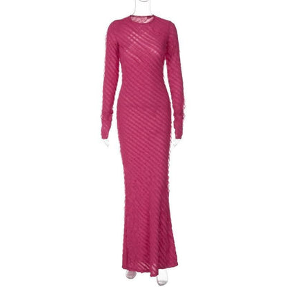 Textured long sleeve crewneck ruffle solid maxi dress-final-sale