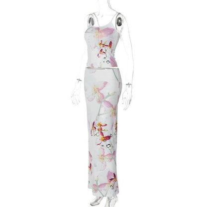Flower print u neck adjustable cami maxi skirt set