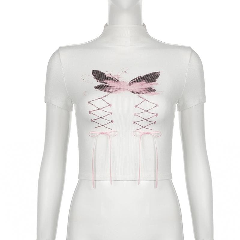 Short sleeve high neck butterfly print bowknot crop top