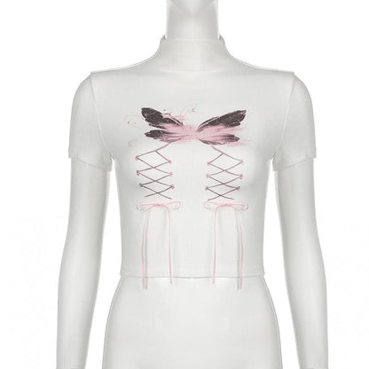 Short sleeve high neck butterfly print bowknot crop top