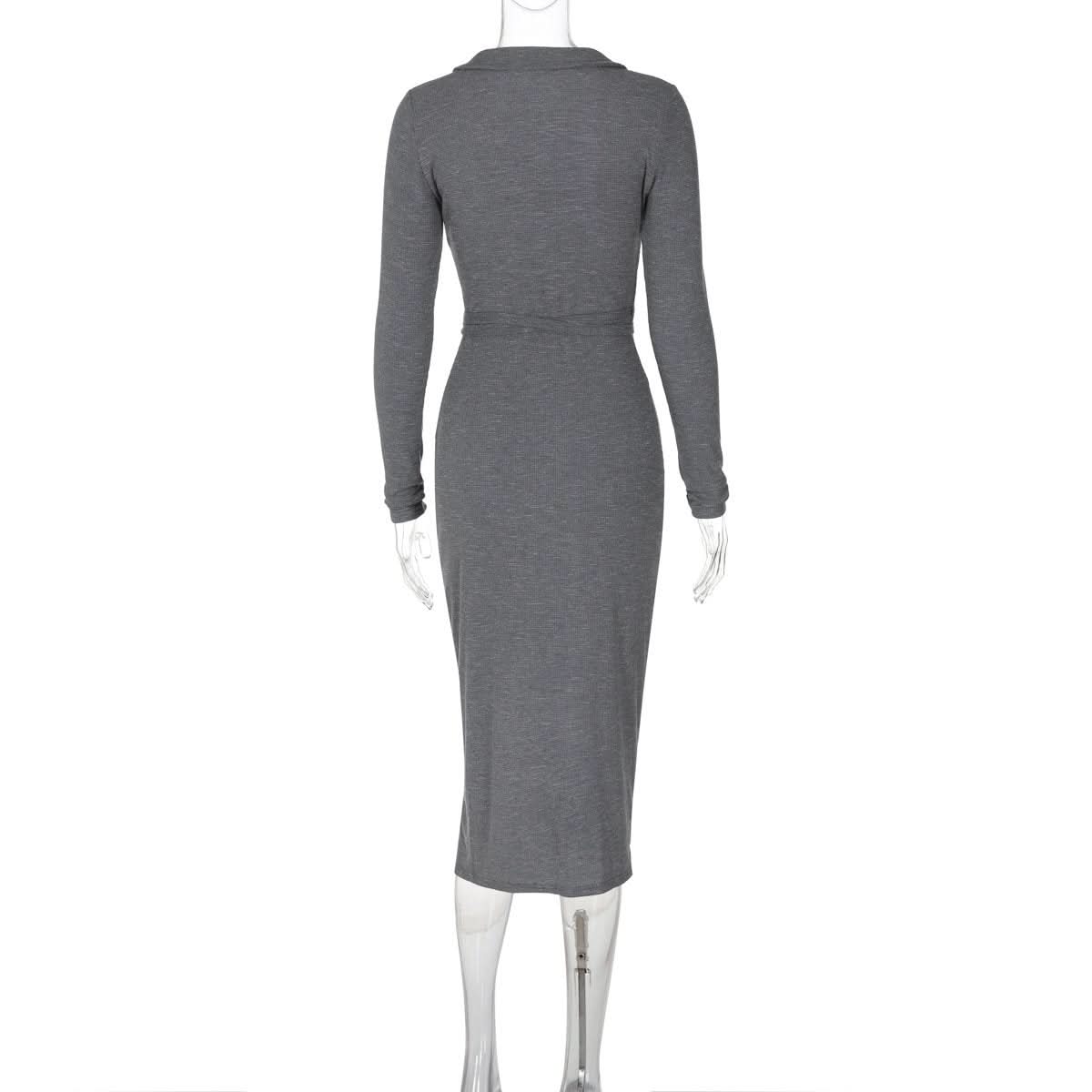 Turnover collar long sleeve slit self tie midi dress
