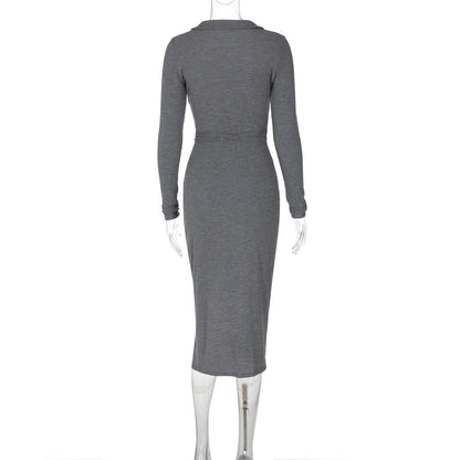 Turnover collar long sleeve slit self tie midi dress