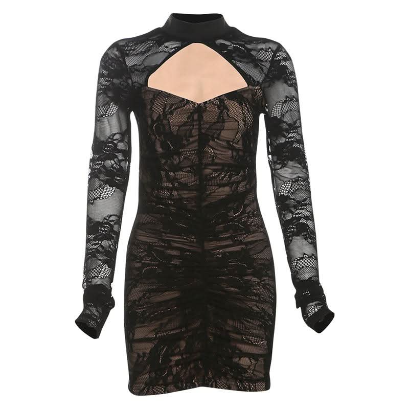 High neck long sleeve lace hollow out cut out mini dress