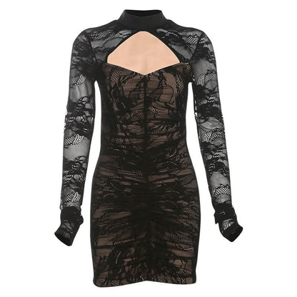 High neck long sleeve lace hollow out cut out mini dress