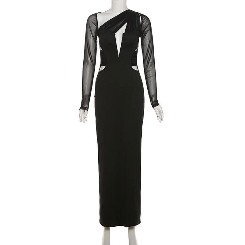 Long sleeve mesh irregular patchwork slit maxi dress-final-sale