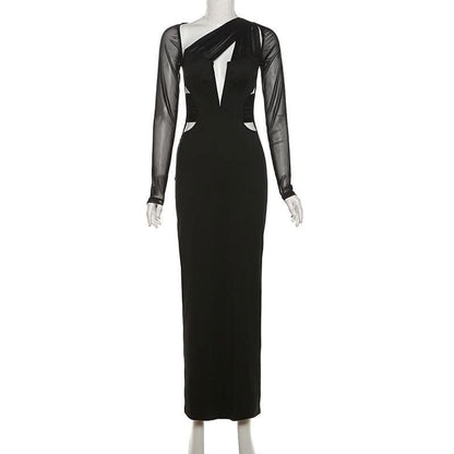 Long sleeve mesh irregular patchwork slit maxi dress-final-sale