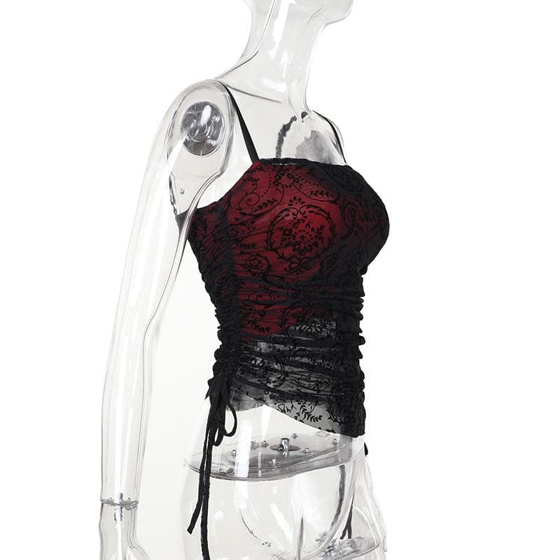 Lace drawstring ruched patchwork cami top