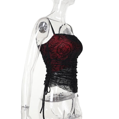 Lace drawstring ruched patchwork cami top