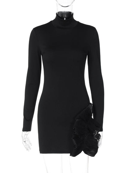 High neck long sleeve ruffle mini dress