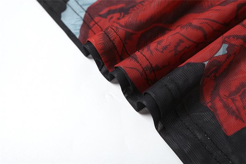 Sleeveless flower print mesh see through maxi dress