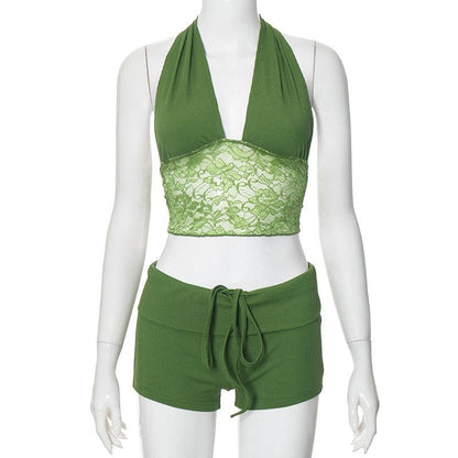 Halter lace hem drawstring ribbed crop pant set