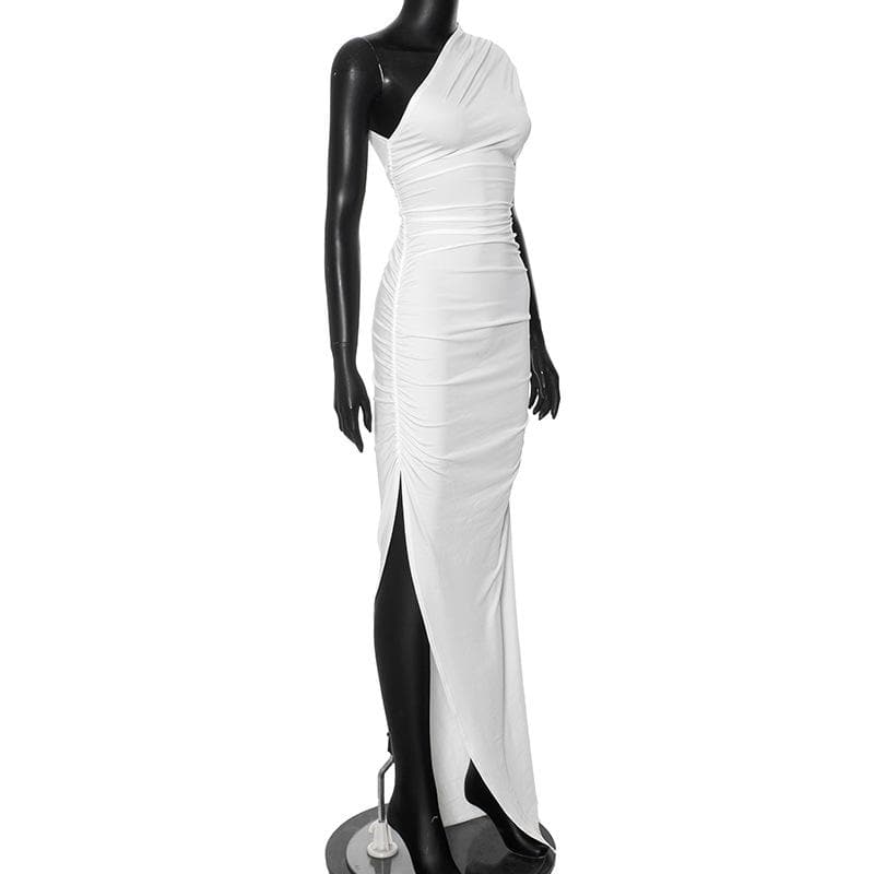 Short sleeve one shoulder slit ruched maxi dress