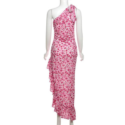 One shoulder knotted slit flower print ruffle maxi dress