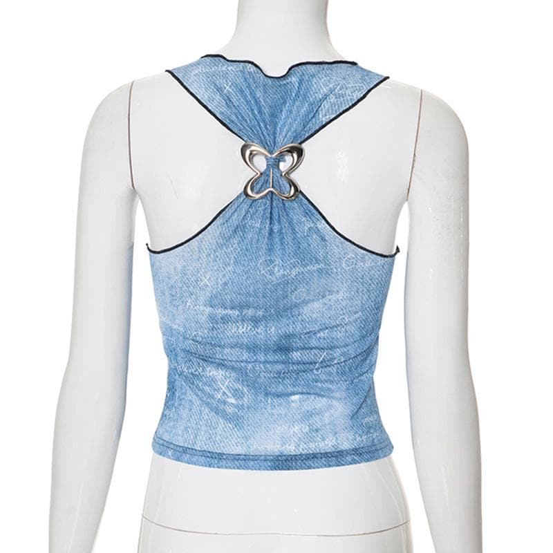 Ruffle butterfly print sheer mesh tank top