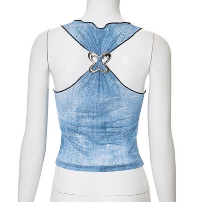 Ruffle butterfly print sheer mesh tank top