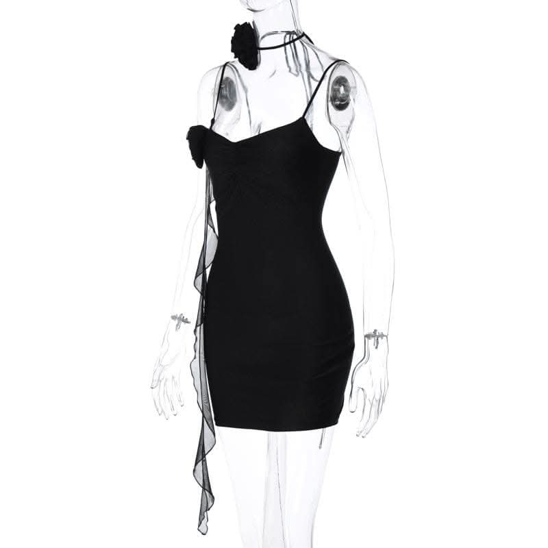 Flower applique solid backless v neck ribbon cami mini dress-final-sale