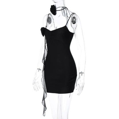 Flower applique solid backless v neck ribbon cami mini dress-final-sale