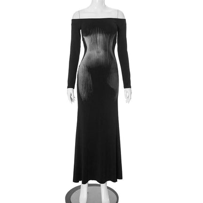 Long sleeve off shoulder print contrast maxi dress