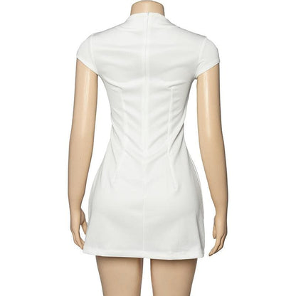 Cap sleeve crewneck stitch solid mini dress