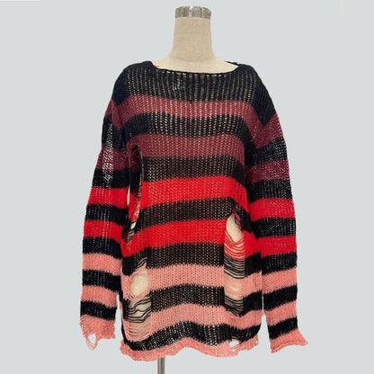 Gradient hollow out contrast striped long sleeve crochet cut out top