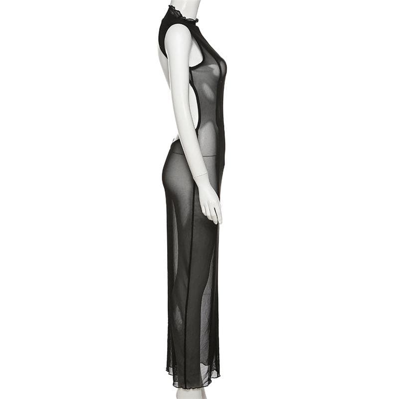 High Neck Vertical Panel Sheer Mesh Backless Maxi Dress