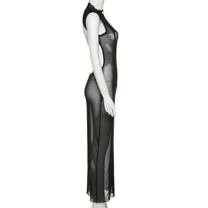 High Neck Vertical Panel Sheer Mesh Backless Maxi Dress