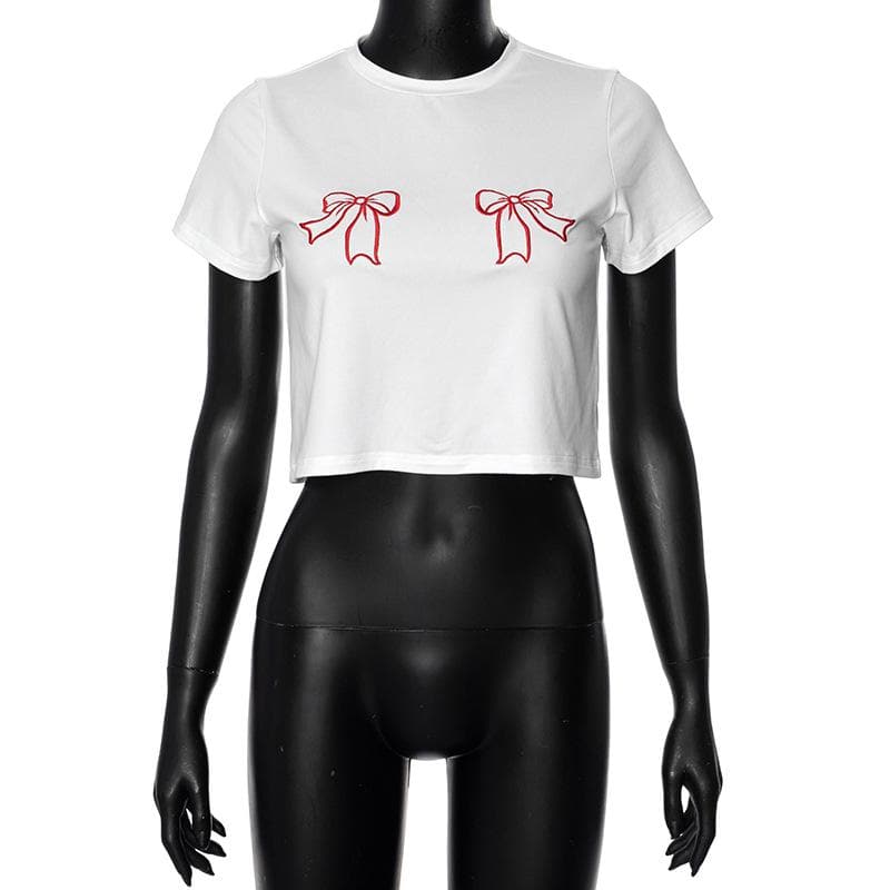 Short sleeve bowknot embroidery crewneck crop top