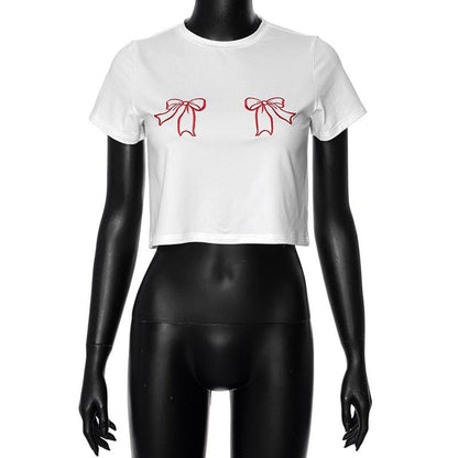 Short sleeve bowknot embroidery crewneck crop top